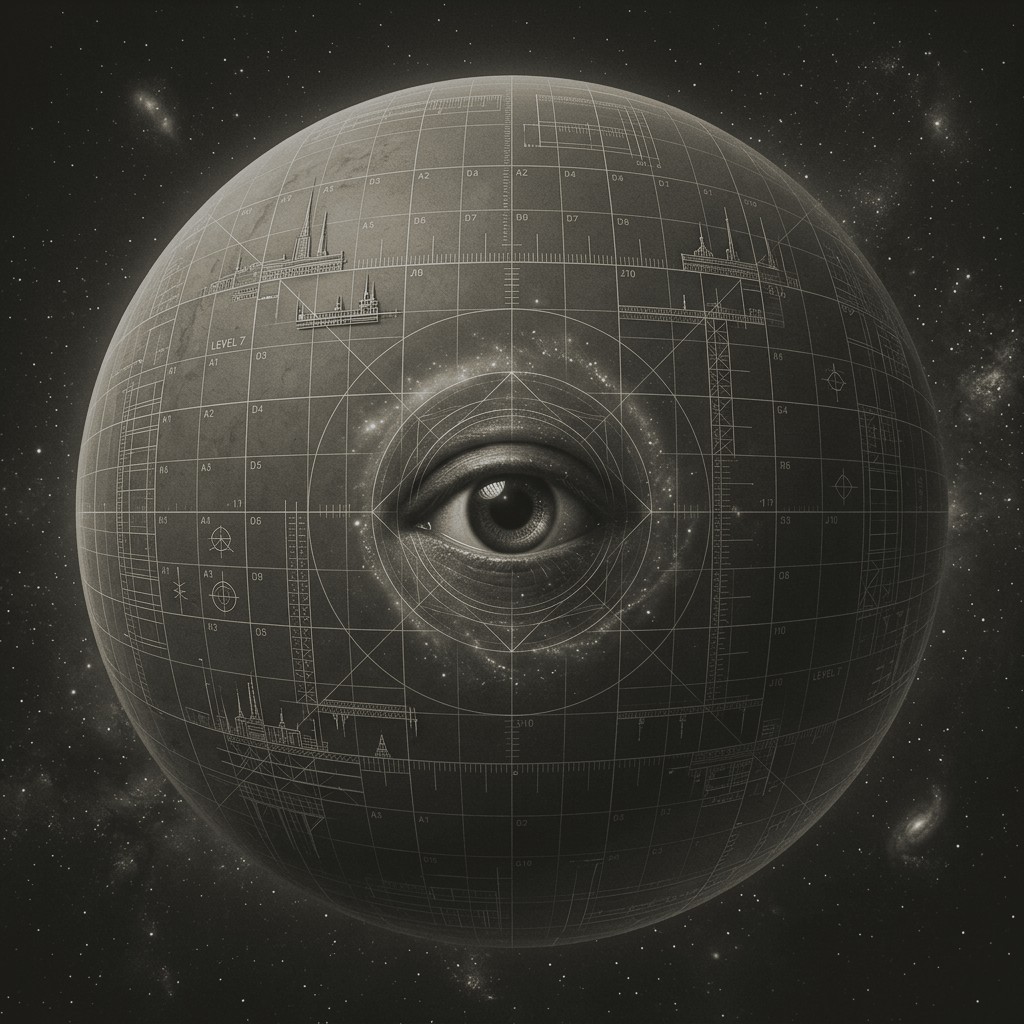 Builder thinker portrait, a muted slate cosmic orb with a structured, blueprinted surface