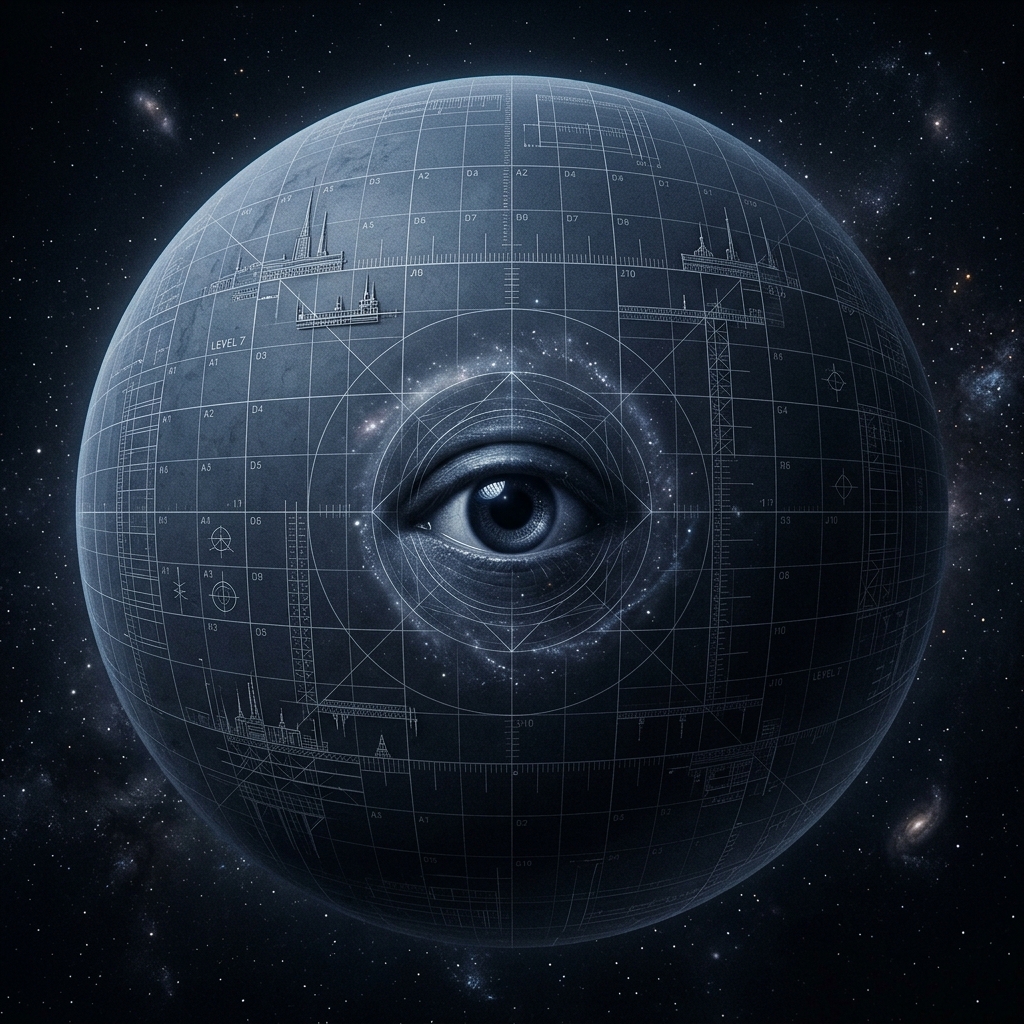Builder thinker portrait — a slate-blue cosmic orb with a structured surface