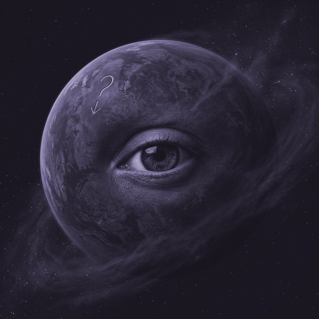 Contrarian thinker portrait, a muted slate-violet cosmic orb rotating against the prevailing direction