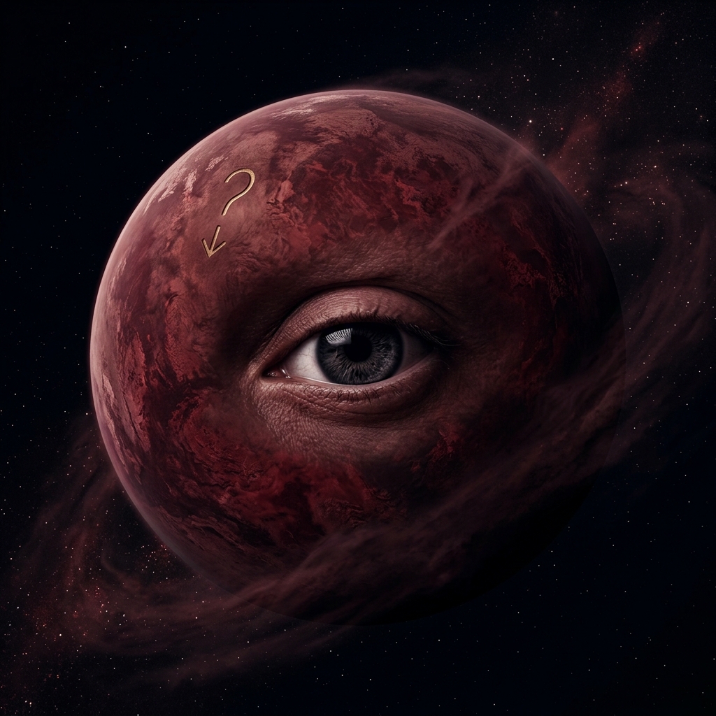 Contrarian thinker portrait — a burgundy cosmic orb rotating against the prevailing direction