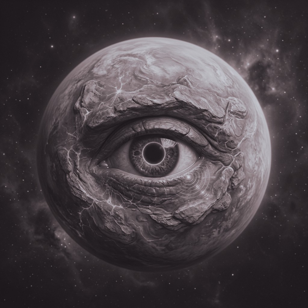 Risk thinker portrait, a slate cosmic orb with a contemplative eye and cool fracture-lines