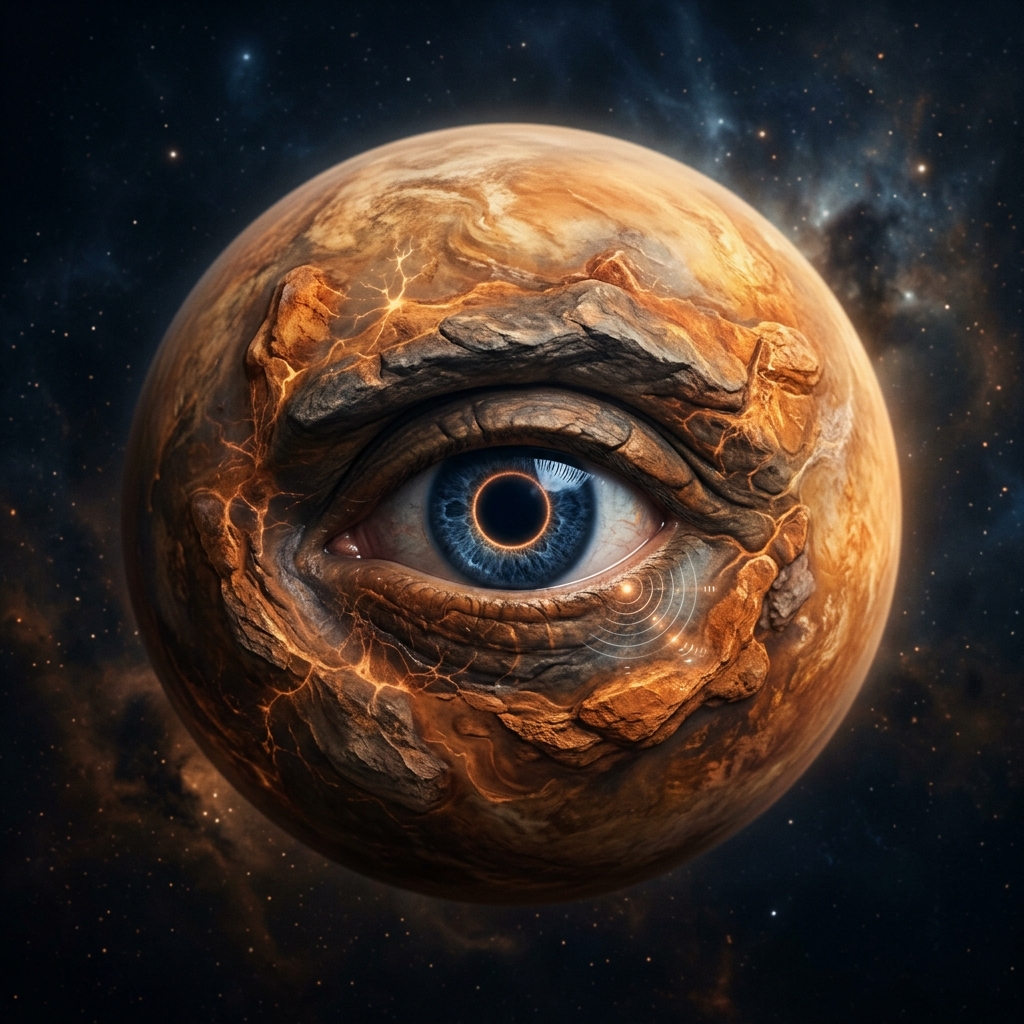 Risk thinker portrait — a warmly-lit cosmic orb with a contemplative eye