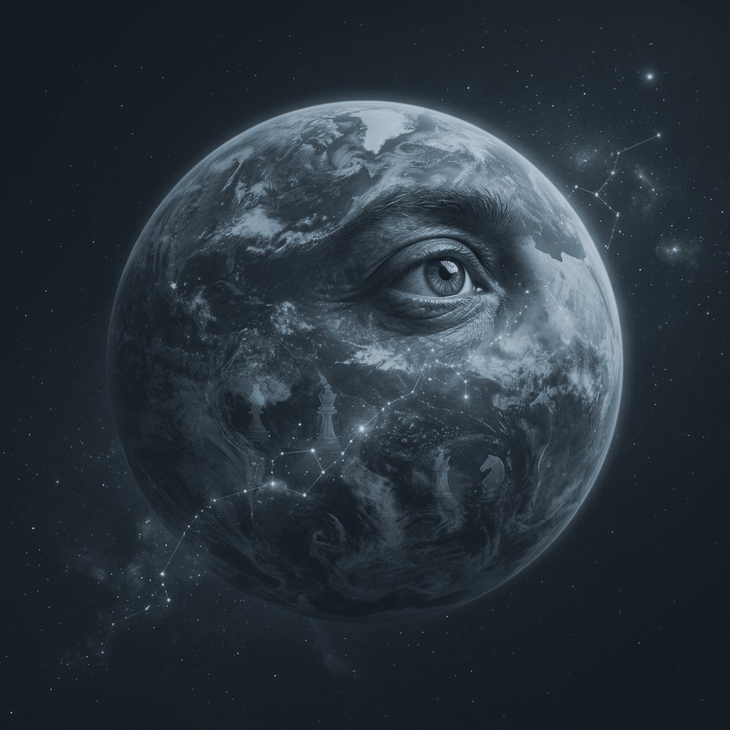 Strategist thinker portrait, a muted slate-azure cosmic orb gazing into the distance
