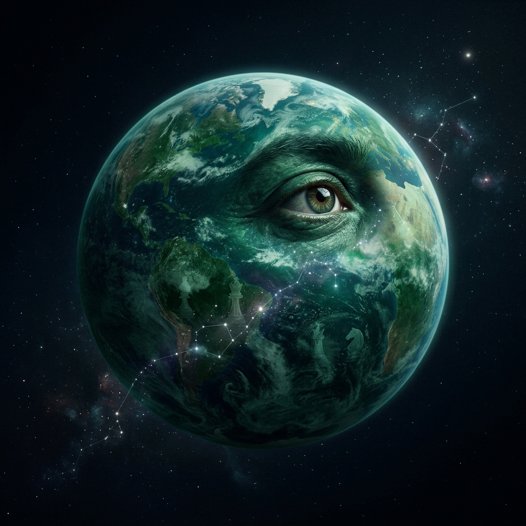 Strategist thinker portrait — an emerald cosmic orb gazing into the distance